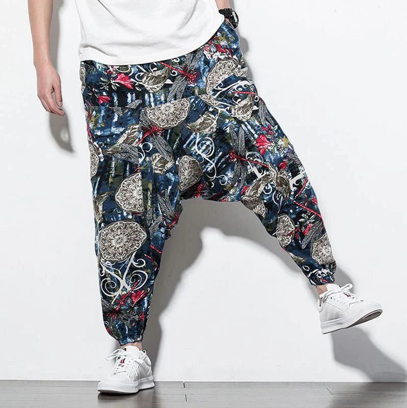 Pantaloni harem da uomo in cotone con stampa libellula rossa e tarassaco, con tasche , Buddha Stones - Image 8