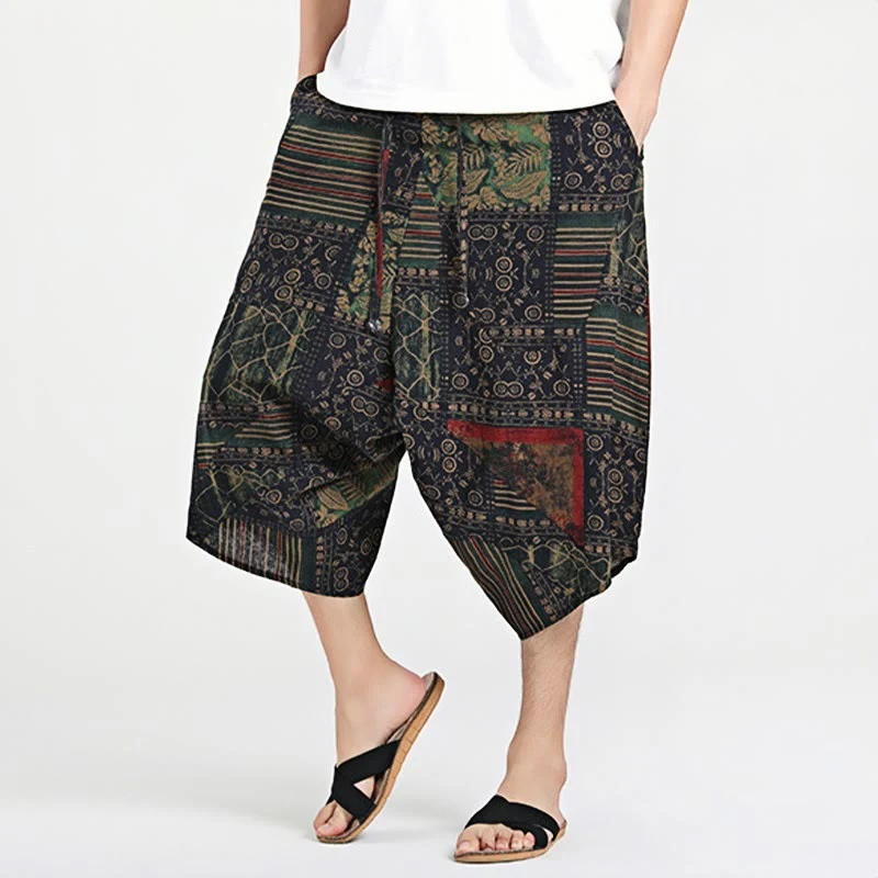 Pantaloni harem da uomo in cotone con tasche e coulisse, motivo etnico Buddha Stones, lunghezza 7-8