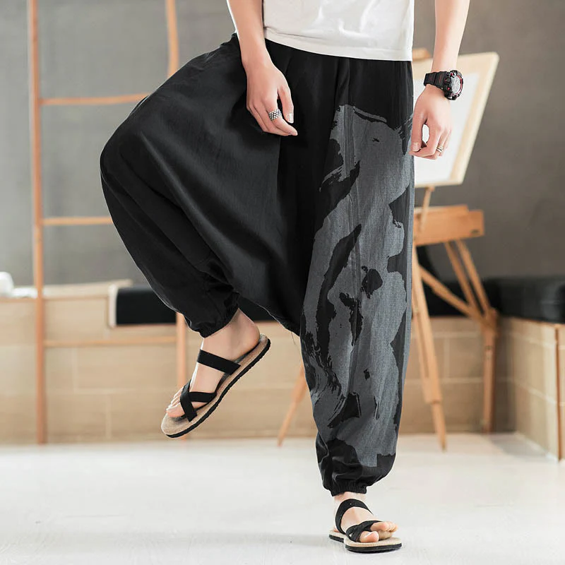 Pantaloni harem da uomo in cotone con tasche, motivo semplice estivo con calligrafia Buddha Stones - Image 6