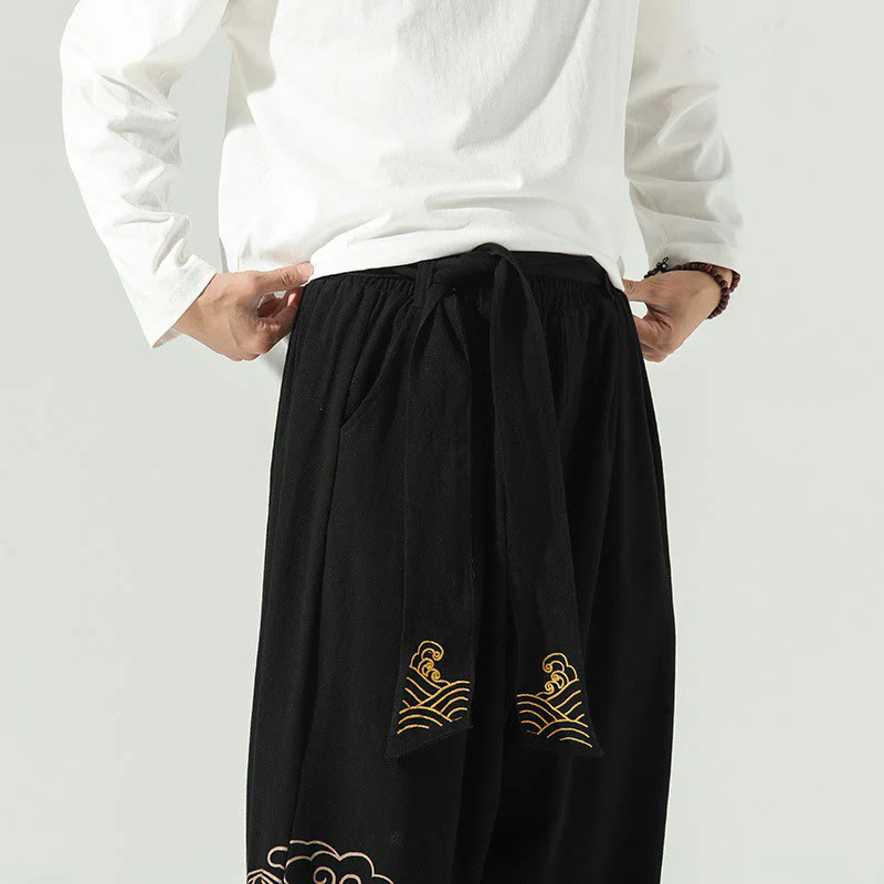 Pantaloni harem da uomo in cotone e lino con coulisse, con tasche , Buddha Stones, nuvole di buon auspicio - Image 11