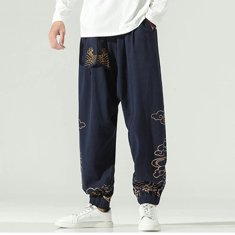 Pantaloni harem da uomo in cotone e lino con coulisse, con tasche , Buddha Stones, nuvole di buon auspicio - Image 14