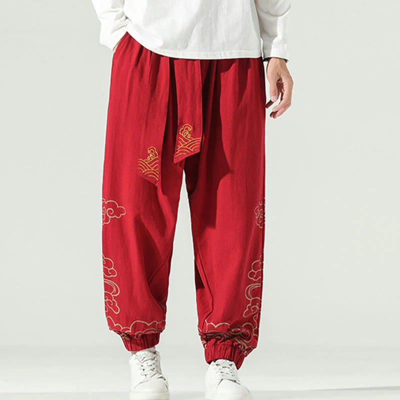 Pantaloni harem da uomo in cotone e lino con coulisse, con tasche , Buddha Stones, nuvole di buon auspicio - Image 16