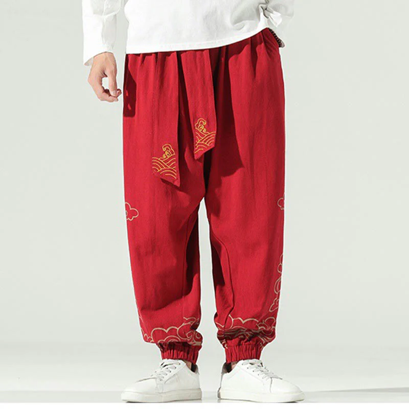 Pantaloni harem da uomo in cotone e lino con coulisse, con tasche , Buddha Stones, nuvole di buon auspicio - Image 17