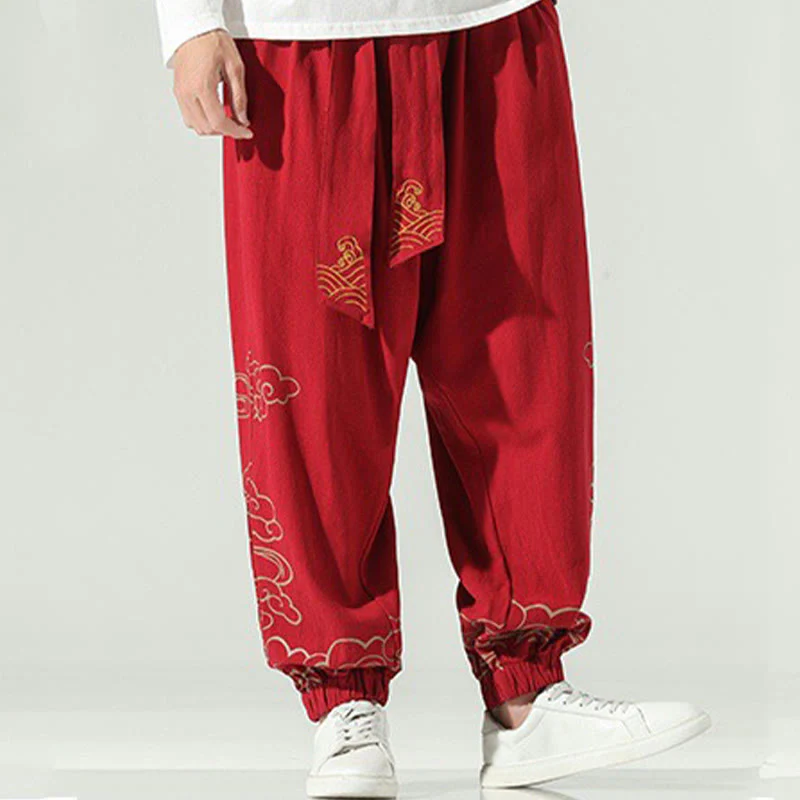 Pantaloni harem da uomo in cotone e lino con coulisse, con tasche , Buddha Stones, nuvole di buon auspicio - Image 18