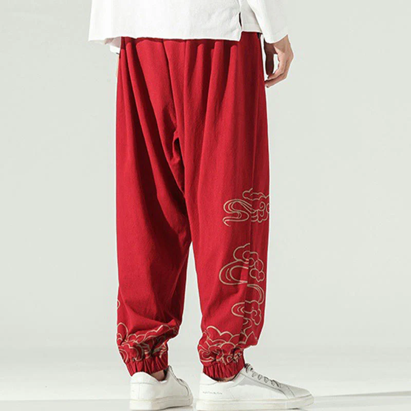 Pantaloni harem da uomo in cotone e lino con coulisse, con tasche , Buddha Stones, nuvole di buon auspicio - Image 19