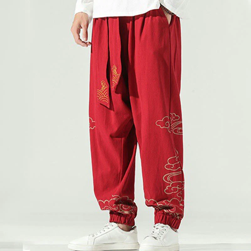 Pantaloni harem da uomo in cotone e lino con coulisse, con tasche , Buddha Stones, nuvole di buon auspicio - Image 20