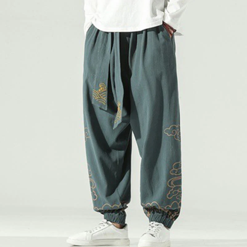 Pantaloni harem da uomo in cotone e lino con coulisse, con tasche , Buddha Stones, nuvole di buon auspicio - Image 25