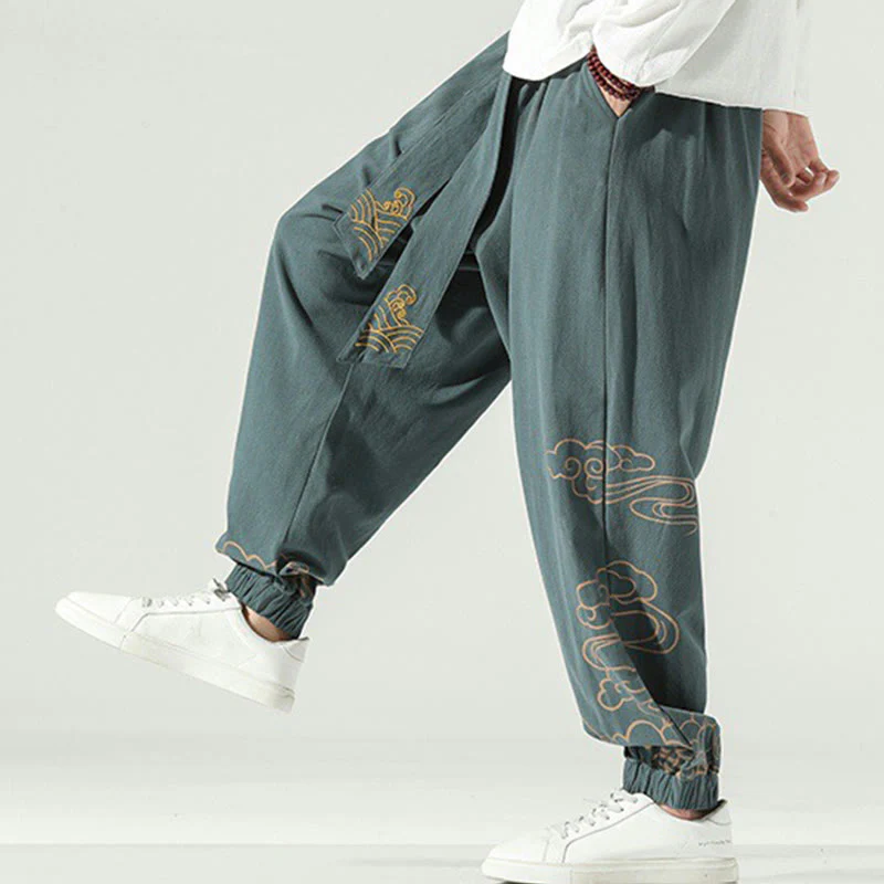 Pantaloni harem da uomo in cotone e lino con coulisse, con tasche , Buddha Stones, nuvole di buon auspicio - Image 26