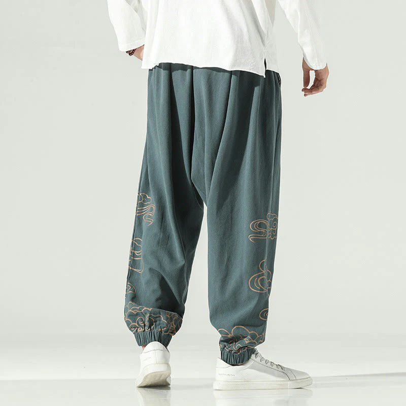 Pantaloni harem da uomo in cotone e lino con coulisse, con tasche , Buddha Stones, nuvole di buon auspicio - Image 27