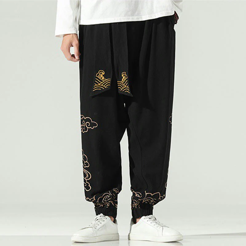 Pantaloni harem da uomo in cotone e lino con coulisse, con tasche , Buddha Stones, nuvole di buon auspicio - Image 3