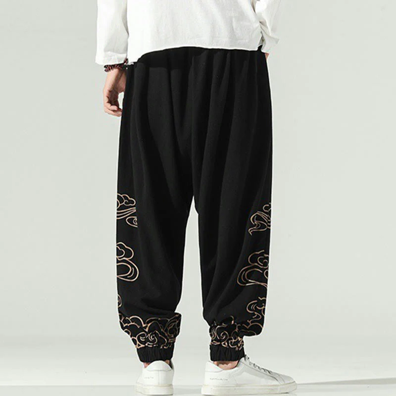 Pantaloni harem da uomo in cotone e lino con coulisse, con tasche , Buddha Stones, nuvole di buon auspicio - Image 5