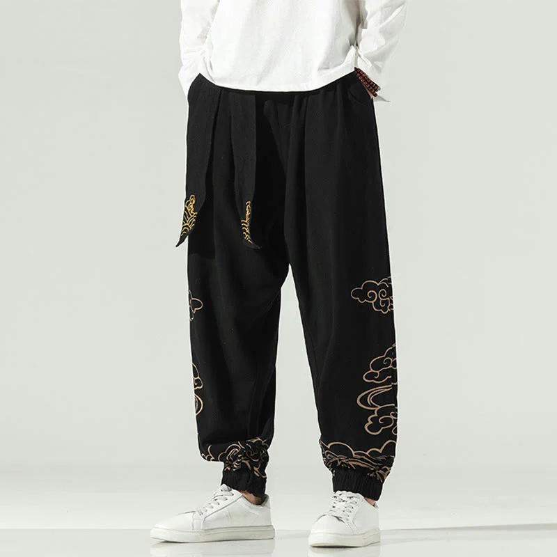 Pantaloni harem da uomo in cotone e lino con coulisse, con tasche , Buddha Stones, nuvole di buon auspicio - Image 7