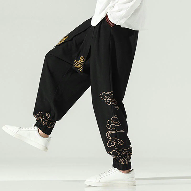 Pantaloni harem da uomo in cotone e lino con coulisse, con tasche , Buddha Stones, nuvole di buon auspicio - Image 8