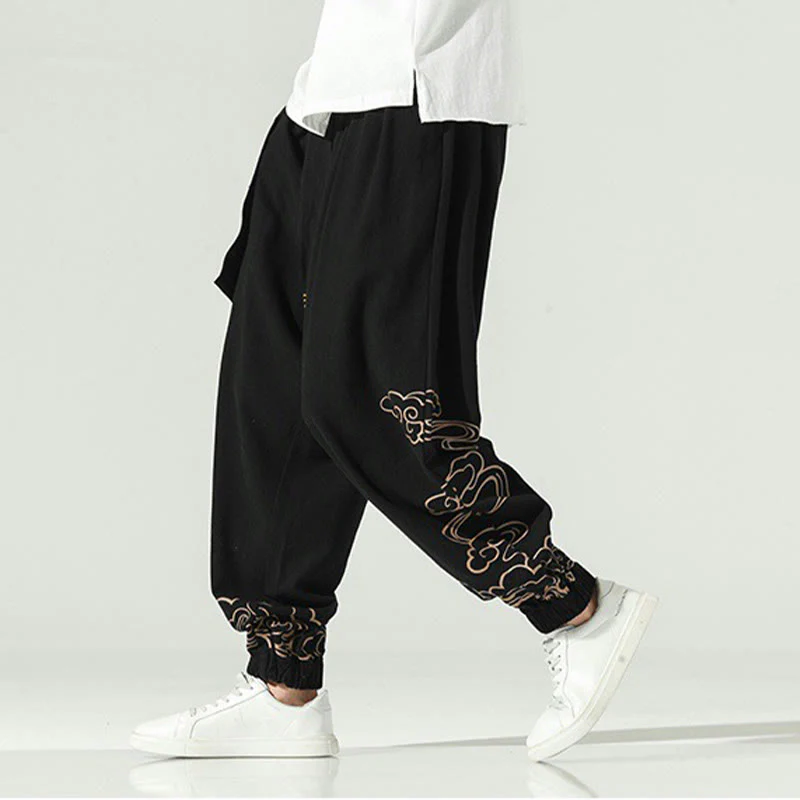 Pantaloni harem da uomo in cotone e lino con coulisse, con tasche , Buddha Stones, nuvole di buon auspicio - Image 9