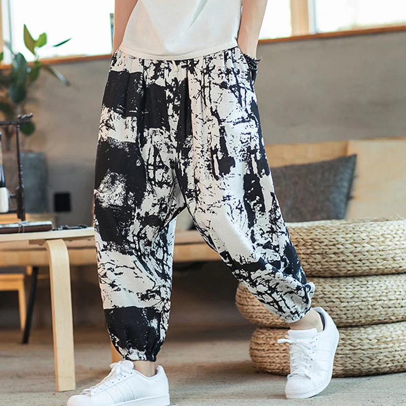 Pantaloni harem da uomo in cotone e lino con coulisse, con tasche, motivo Buddha Stones, inchiostro bianco e nero - Image 3
