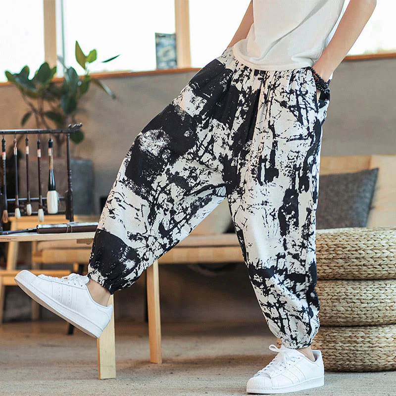 Pantaloni harem da uomo in cotone e lino con coulisse, con tasche, motivo Buddha Stones, inchiostro bianco e nero - Image 4