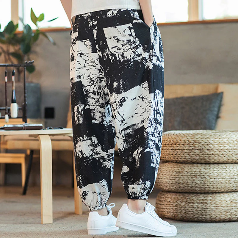 Pantaloni harem da uomo in cotone e lino con coulisse, con tasche, motivo Buddha Stones, inchiostro bianco e nero - Image 5
