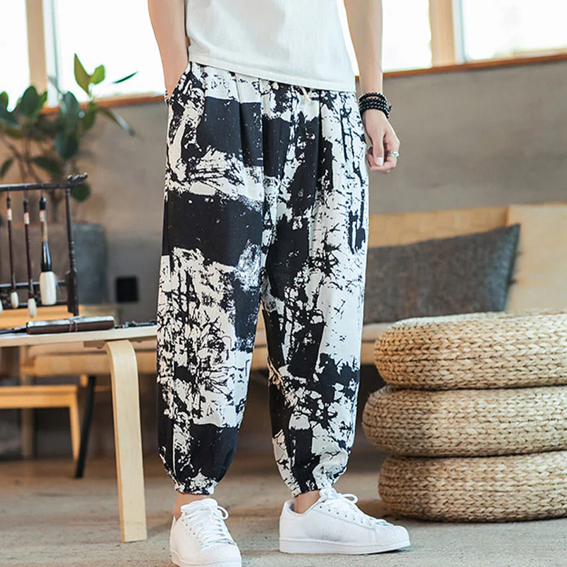 Pantaloni harem da uomo in cotone e lino con coulisse, con tasche, motivo Buddha Stones, inchiostro bianco e nero - Image 6