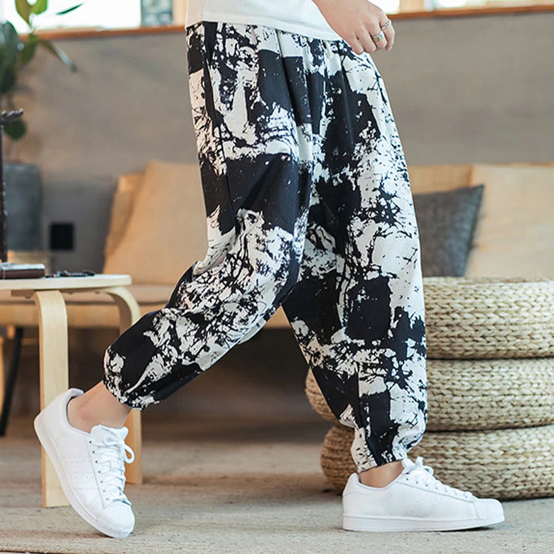Pantaloni harem da uomo in cotone e lino con coulisse, con tasche, motivo Buddha Stones, inchiostro bianco e nero - Image 7