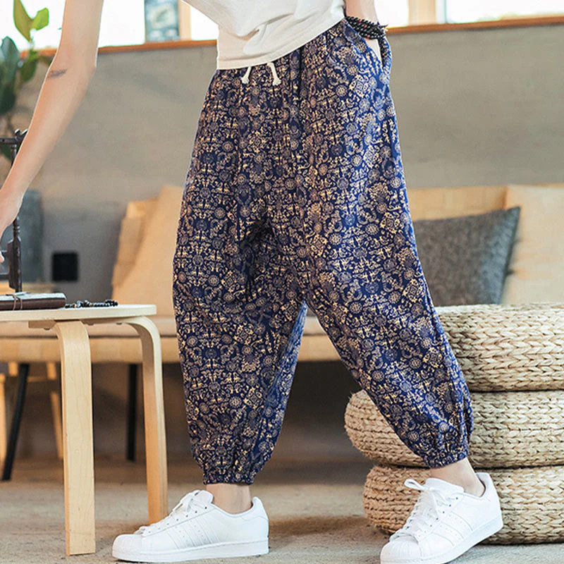Pantaloni harem da uomo in cotone e lino con coulisse e tasche, motivo mandala dorato con Buddha Stones - Image 3
