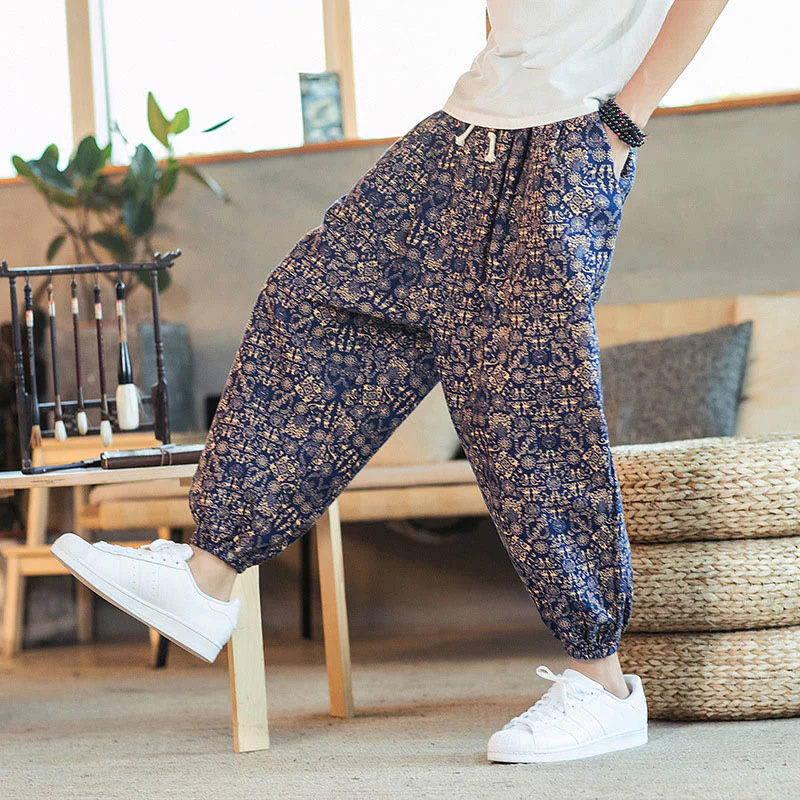Pantaloni harem da uomo in cotone e lino con coulisse e tasche, motivo mandala dorato con Buddha Stones - Image 4