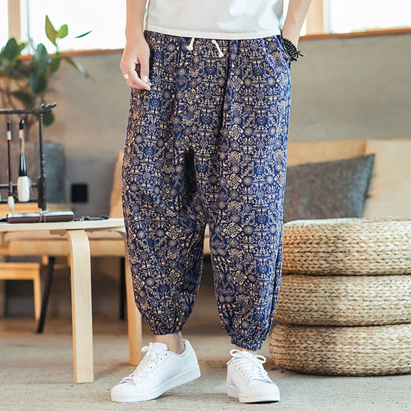 Pantaloni harem da uomo in cotone e lino con coulisse e tasche, motivo mandala dorato con Buddha Stones - Image 7