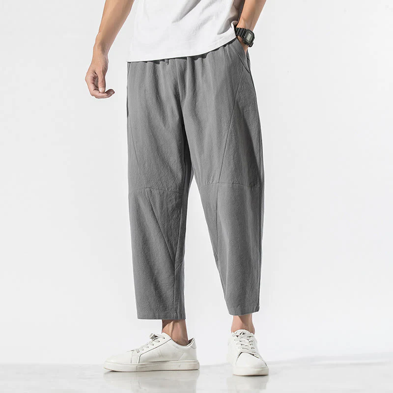 Pantaloni harem da uomo in cotone e lino con coulisse, in tinta unita, con tasche, Buddha Stones Vintage Jacquard