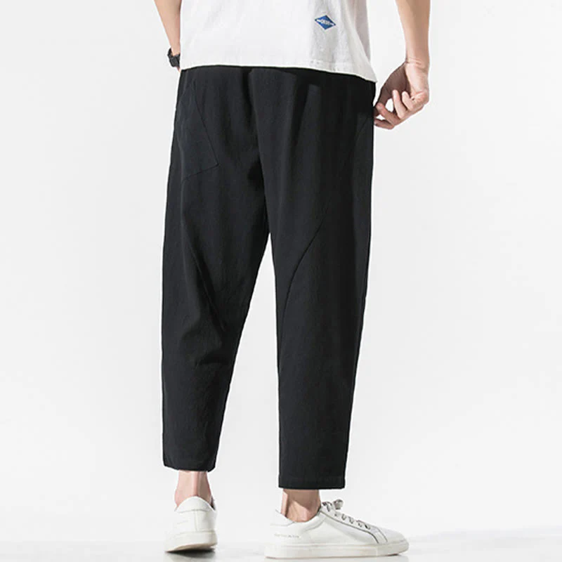 Pantaloni harem da uomo in cotone e lino con coulisse, in tinta unita, con tasche, Buddha Stones Vintage Jacquard - Image 13