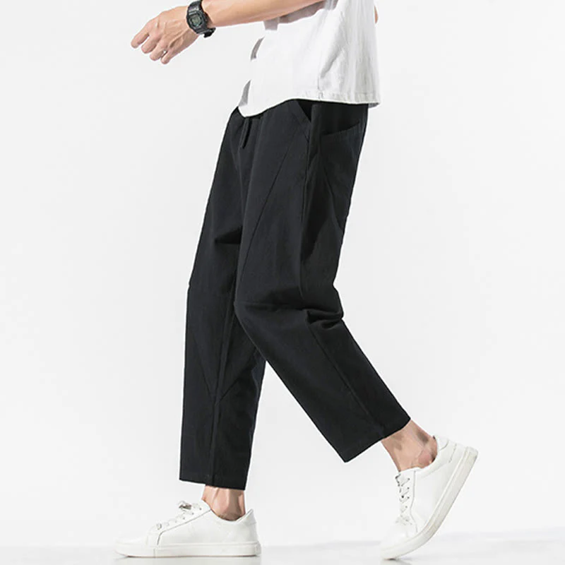 Pantaloni harem da uomo in cotone e lino con coulisse, in tinta unita, con tasche, Buddha Stones Vintage Jacquard - Image 15