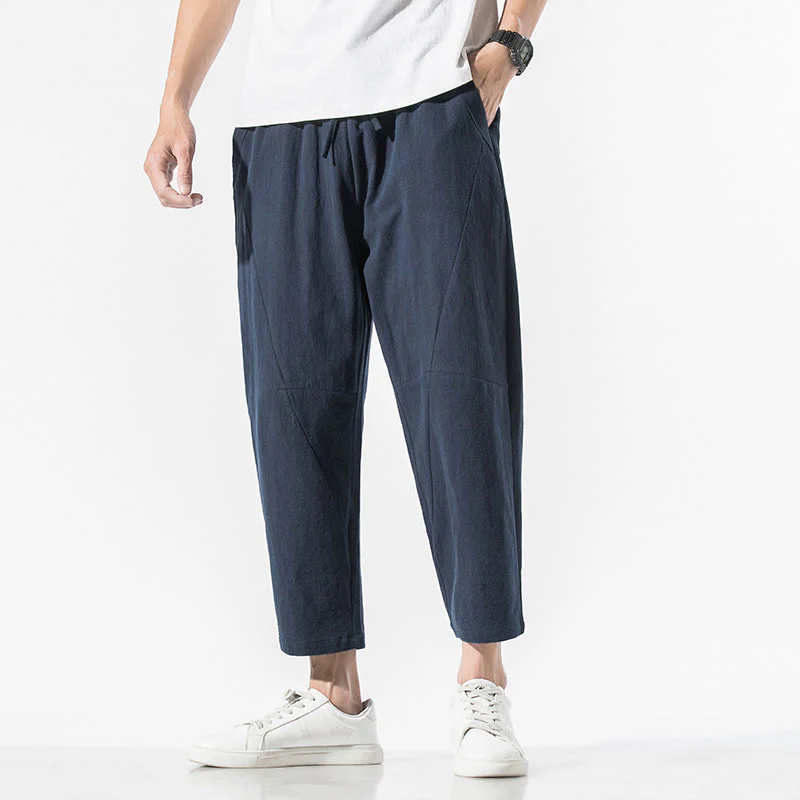 Pantaloni harem da uomo in cotone e lino con coulisse, in tinta unita, con tasche, Buddha Stones Vintage Jacquard - Image 22