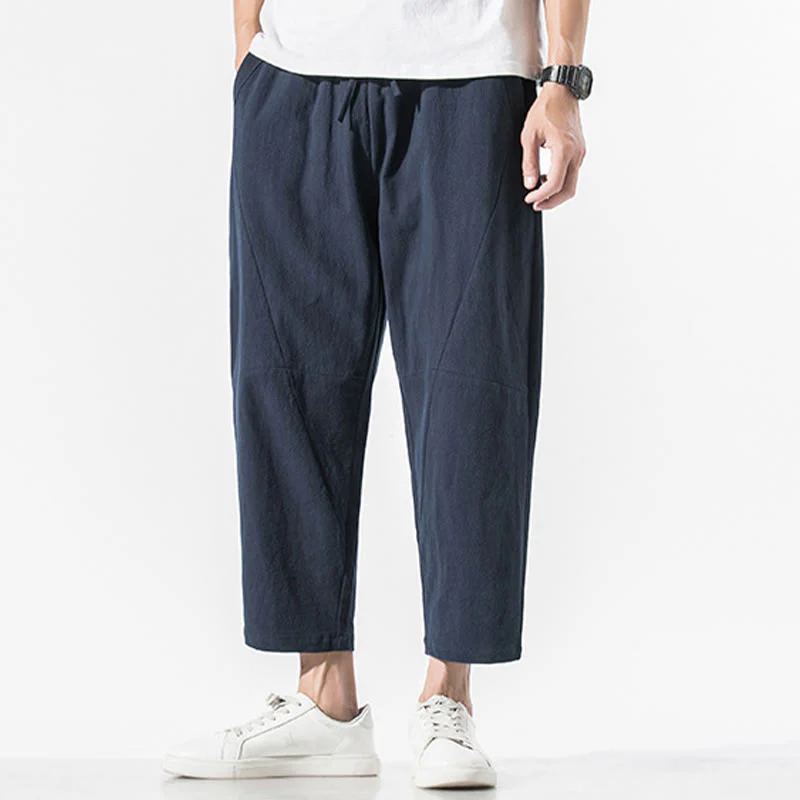 Pantaloni harem da uomo in cotone e lino con coulisse, in tinta unita, con tasche, Buddha Stones Vintage Jacquard - Image 26