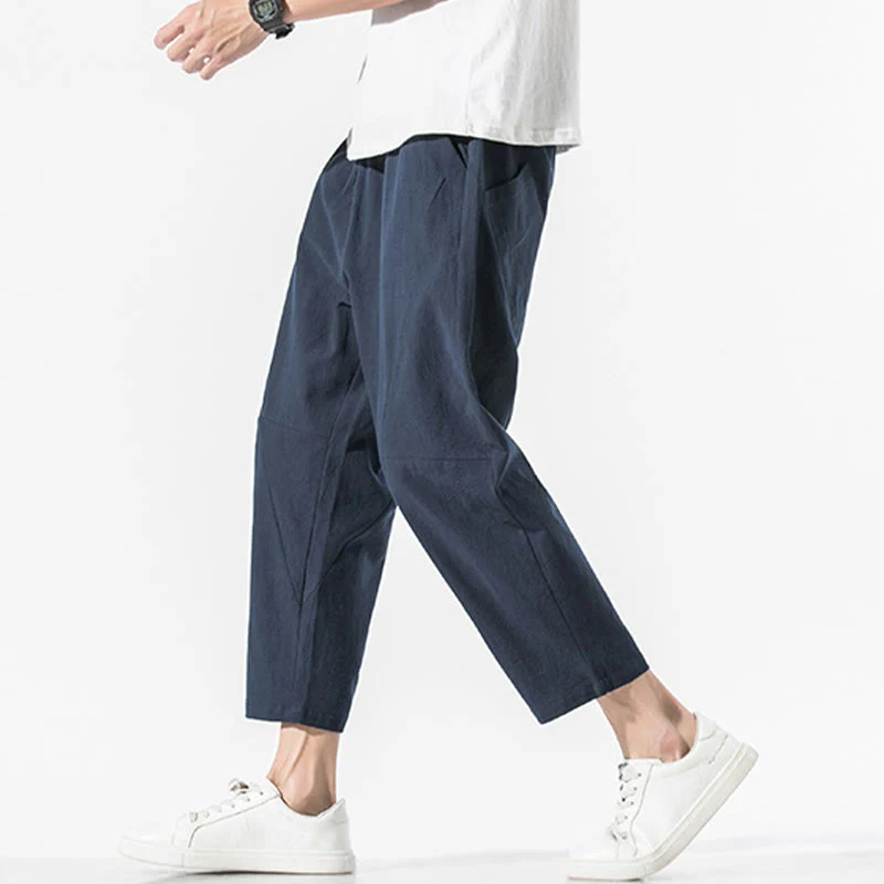 Pantaloni harem da uomo in cotone e lino con coulisse, in tinta unita, con tasche, Buddha Stones Vintage Jacquard - Image 27