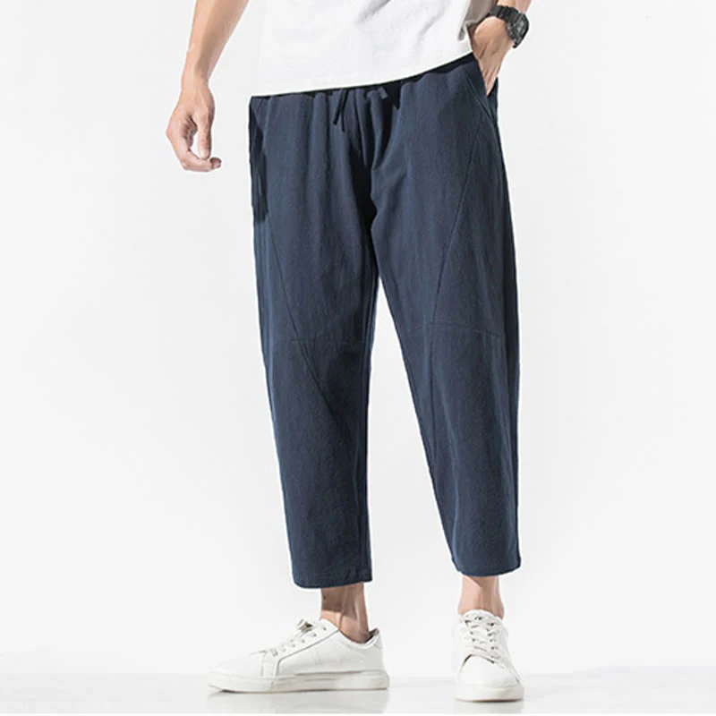 Pantaloni harem da uomo in cotone e lino con coulisse, in tinta unita, con tasche, Buddha Stones Vintage Jacquard - Image 29