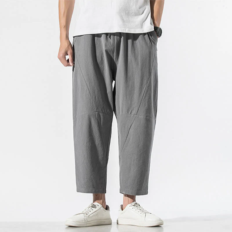 Pantaloni harem da uomo in cotone e lino con coulisse, in tinta unita, con tasche, Buddha Stones Vintage Jacquard - Image 5