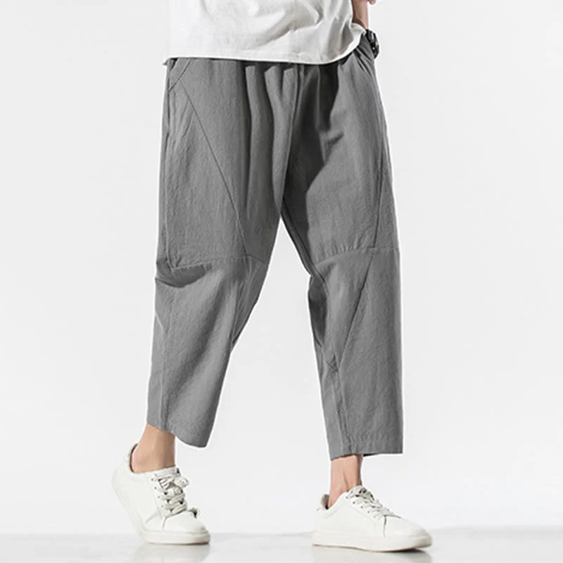 Pantaloni harem da uomo in cotone e lino con coulisse, in tinta unita, con tasche, Buddha Stones Vintage Jacquard - Image 7