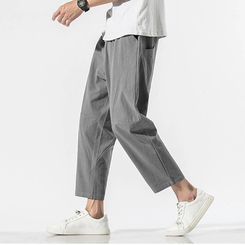 Pantaloni harem da uomo in cotone e lino con coulisse, in tinta unita, con tasche, Buddha Stones Vintage Jacquard - Image 8