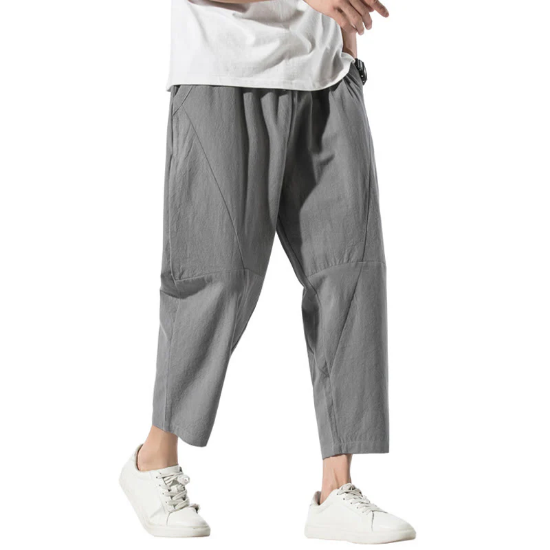 Pantaloni harem da uomo in cotone e lino con coulisse, in tinta unita, con tasche, Buddha Stones Vintage Jacquard - Image 9