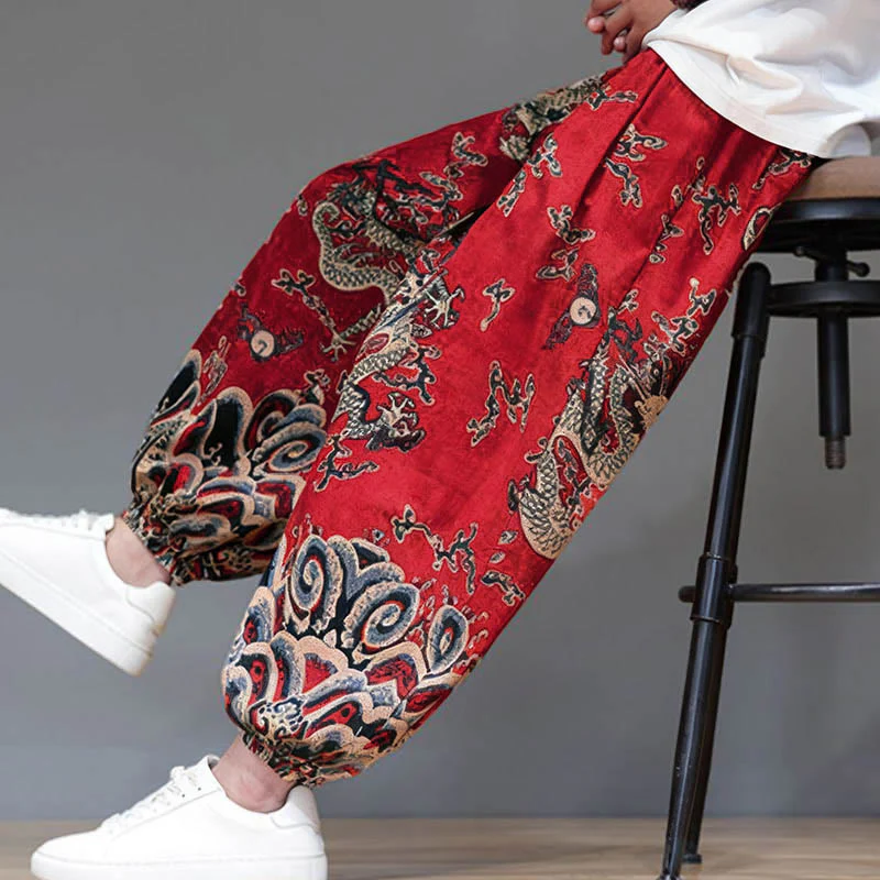 Pantaloni harem da uomo in cotone e lino con coulisse, motivo Buddha Stones Summer Dragon e tasche - Image 10
