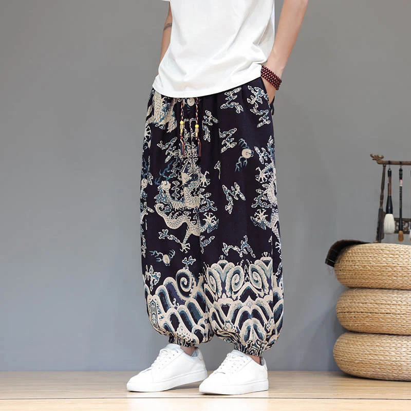 Pantaloni harem da uomo in cotone e lino con coulisse, motivo Buddha Stones Summer Dragon e tasche - Image 11