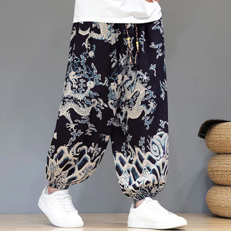 Pantaloni harem da uomo in cotone e lino con coulisse, motivo Buddha Stones Summer Dragon e tasche - Image 12