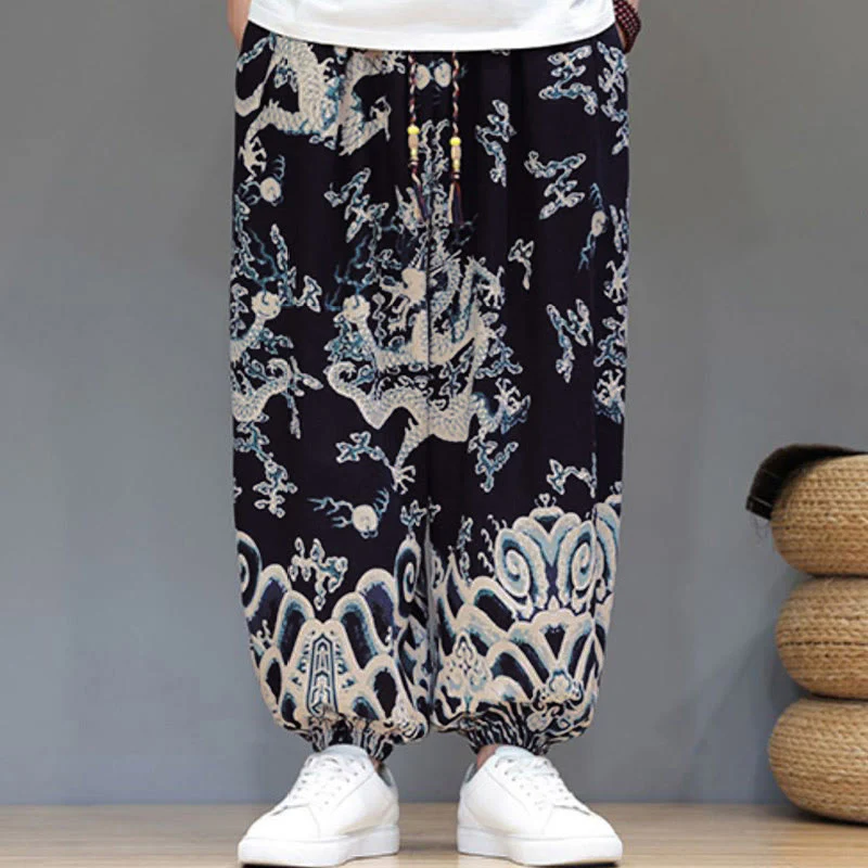 Pantaloni harem da uomo in cotone e lino con coulisse, motivo Buddha Stones Summer Dragon e tasche - Image 13