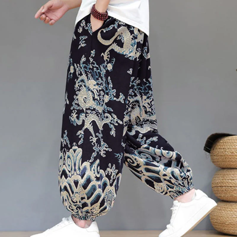 Pantaloni harem da uomo in cotone e lino con coulisse, motivo Buddha Stones Summer Dragon e tasche - Image 14