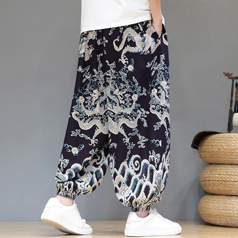 Pantaloni harem da uomo in cotone e lino con coulisse, motivo Buddha Stones Summer Dragon e tasche - Image 15