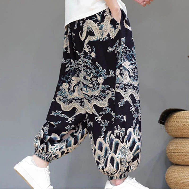 Pantaloni harem da uomo in cotone e lino con coulisse, motivo Buddha Stones Summer Dragon e tasche - Image 16