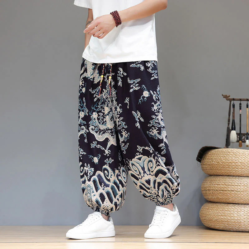 Pantaloni harem da uomo in cotone e lino con coulisse, motivo Buddha Stones Summer Dragon e tasche - Image 17