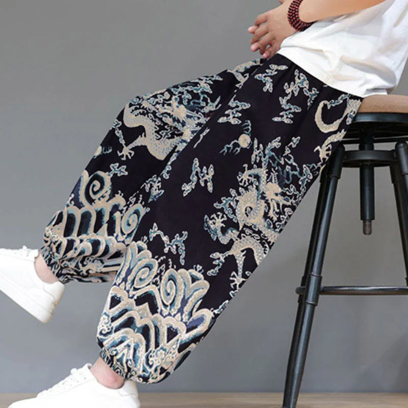 Pantaloni harem da uomo in cotone e lino con coulisse, motivo Buddha Stones Summer Dragon e tasche - Image 18