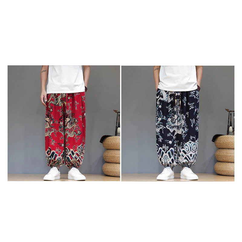 Pantaloni harem da uomo in cotone e lino con coulisse, motivo Buddha Stones Summer Dragon e tasche - Image 19