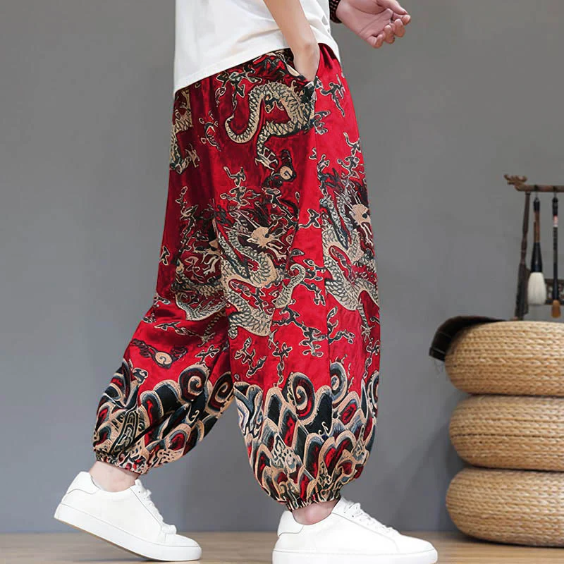 Pantaloni harem da uomo in cotone e lino con coulisse, motivo Buddha Stones Summer Dragon e tasche - Image 3