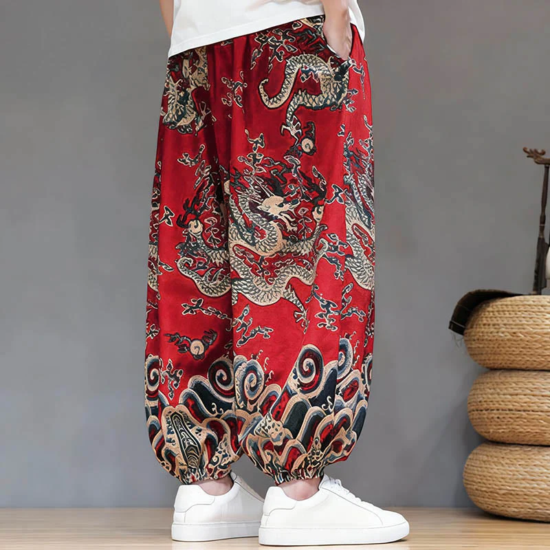 Pantaloni harem da uomo in cotone e lino con coulisse, motivo Buddha Stones Summer Dragon e tasche - Image 5