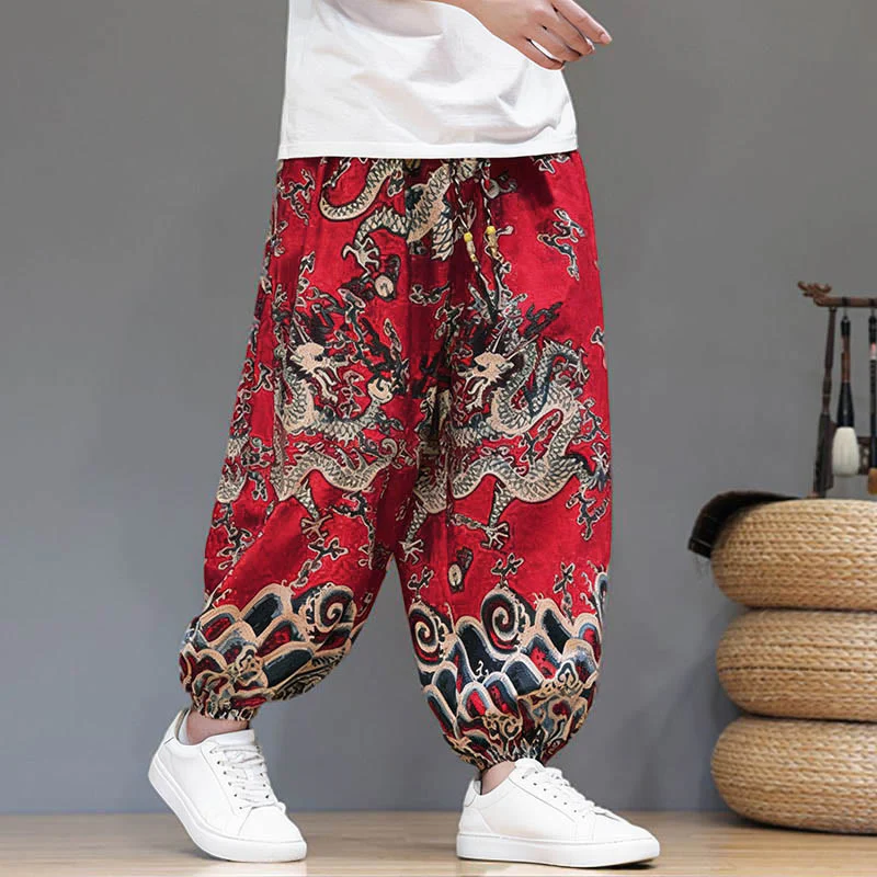 Pantaloni harem da uomo in cotone e lino con coulisse, motivo Buddha Stones Summer Dragon e tasche - Image 6